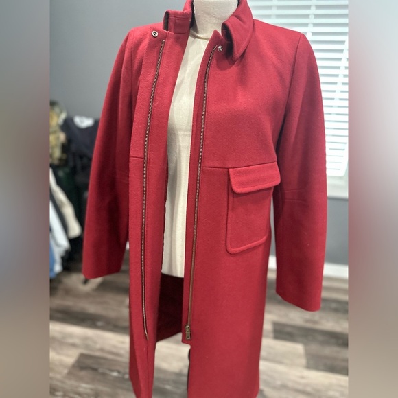 J Crew Jacket Women’s Small Maroon Wool Blend Long Pea Coat Trench Coat Zip - Picture 5 of 7